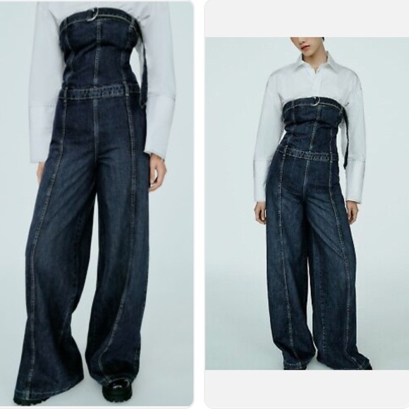 ZARA Strapless Wide Leg Denim Jumpsuit NEW - Picture 3 of 15